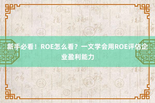 新手必看！ROE怎么看？一文学会用ROE评估企业盈利能力